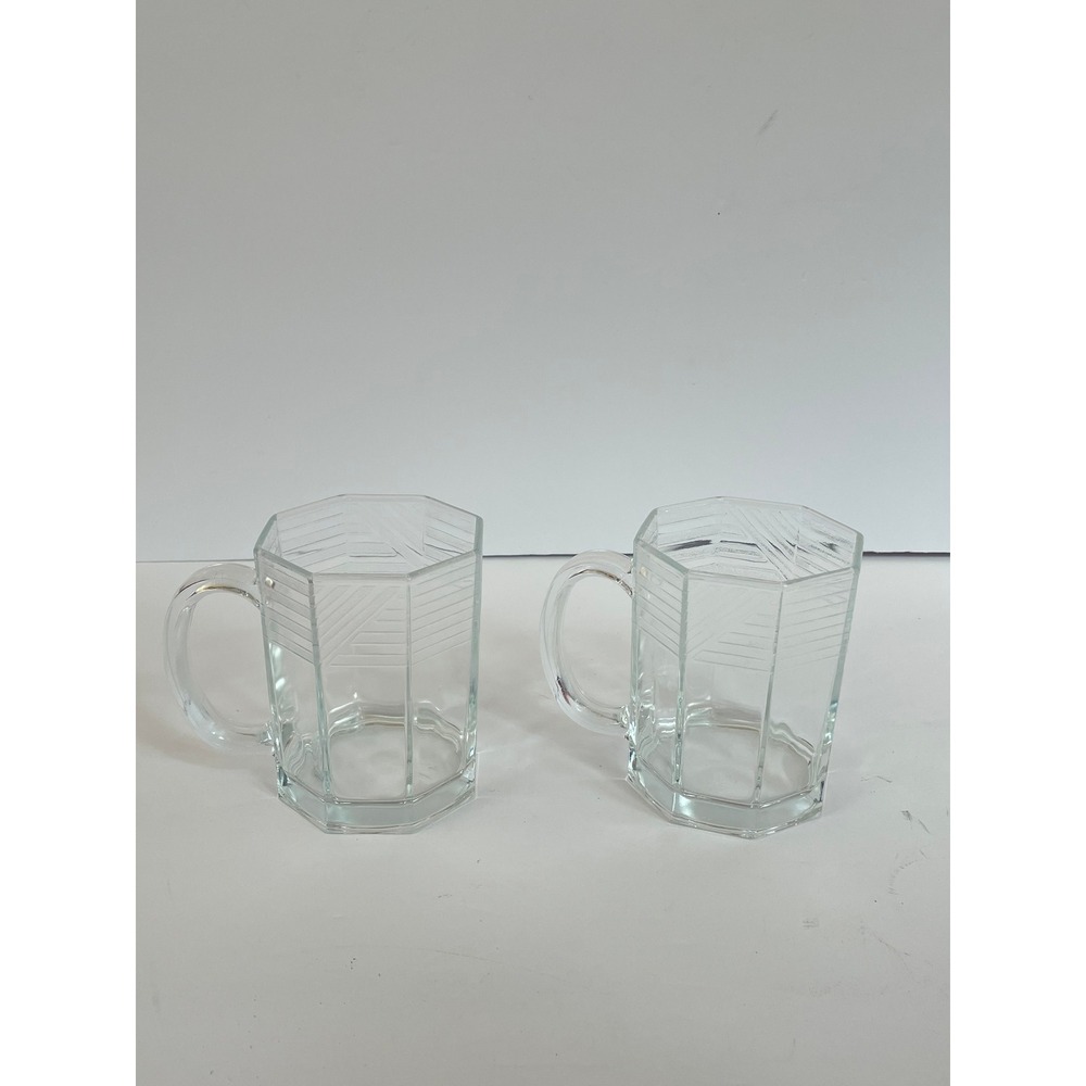 Arcoroc France Octime Clear Glass Mugs Etched Geometric Octagonal Set of‎ 2